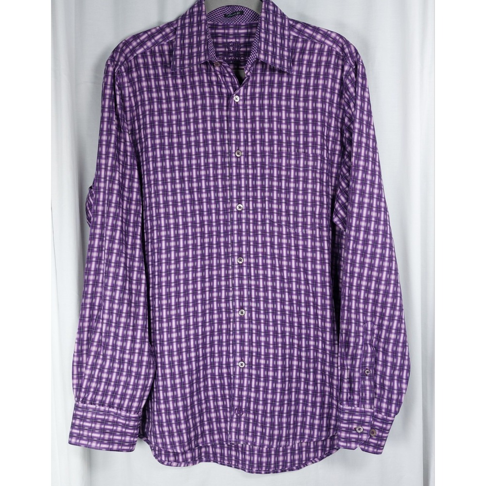 Bugatchi Uomo Shirt Purple Plaid Check Button Up Long Sleeve Flip Cuffs Mens Med